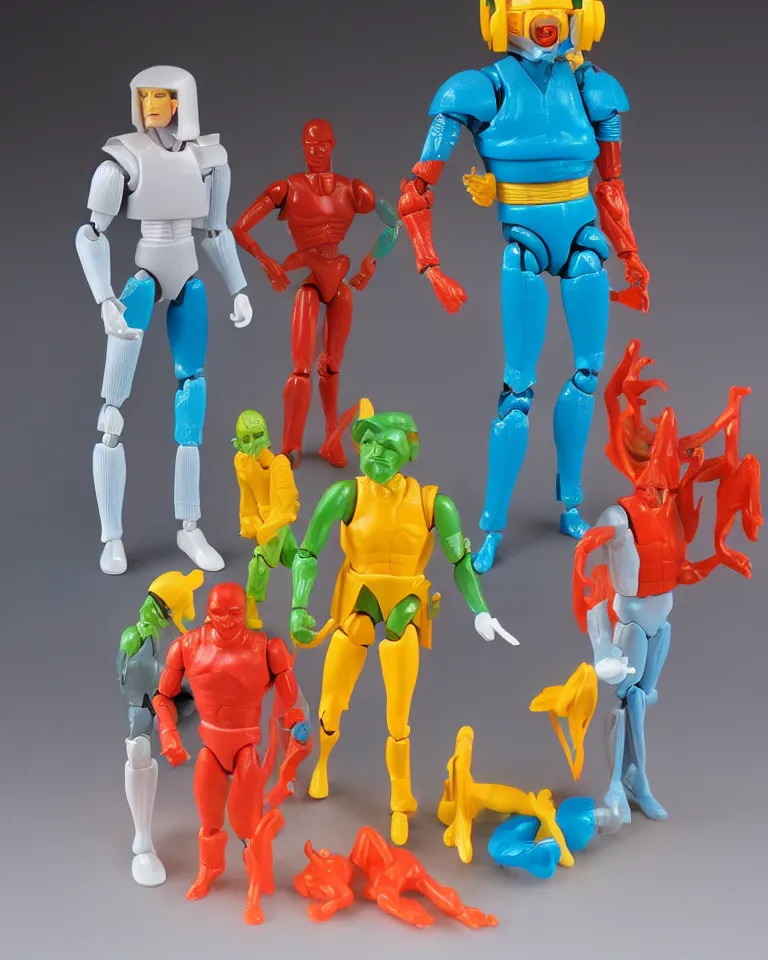 Image similar to product photo of a colorful kenner 1 9 8 0's action figure, five points of articulation, sci - fi, 8 k, full body, studio lighting