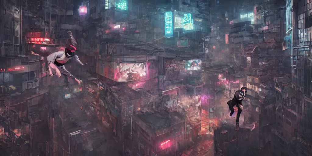 Image similar to cinematic shots of teenagers with tech clothing and hoods and tactical masks doing risky parkour on the rooftops of a dystopian city, neon lights, sci - fi, night lights, rain and haze, concept art, intricate, in the style of katsuhiro otomo, akira, unreal engine