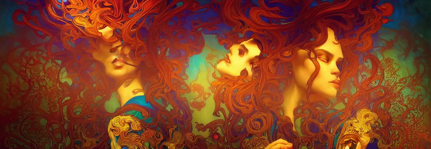 Prompt: An extremely psychedelic experience, colorful, surreal, dramatic lighting, psilocybin, LSD, centered, face, detailed, intricate, elegant, highly detailed, digital painting, artstation, concept art, smooth, sharp focus, illustration, art by Marco Plouffe, Krenz Cushart and Artem Demura and alphonse mucha