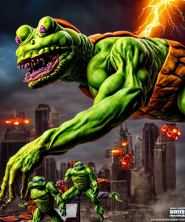 Image similar to hyperrealistic rendering, epic boss battle, cronenberg flesh monster tmnt, by art of skinner and richard corben, product photography, collectible action figure, sofubi, hottoys, storm clouds, outside, lightning