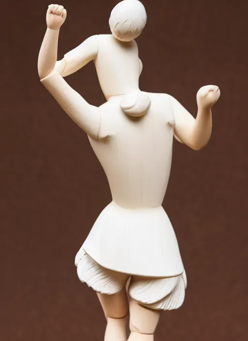 Image similar to still wooden figurine of young woman dressed wearing white shorts, holding white pigeon, personification, dynamic pose, detailed product photo, 8 k, 8 5 mm, f. 1 4, beautiful composition