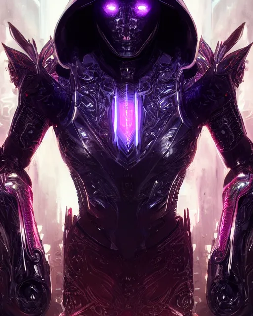 Prompt: the omnipotent assassin, vivid award winning digital artwork, intricate black sharp hooded cybernetic athletic body armor, beautiful iridescent colors, technology cloak, ornate spikes, glowing face, detailed realistic, ray tracing, colored gems, character art by wlop and greg rutkowski and artgerm