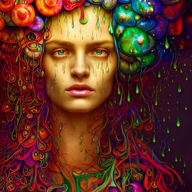 Prompt: bright portrait surrounded by psychedelic mushrooms with rain on face and wet hair, diffuse overhead lighting, fantasy, intricate, elegant, dramatic lighting, highly detailed, lifelike, photorealistic, digital painting, artstation, illustration, concept art, smooth, sharp focus, art by John Collier and Albert Aublet and Krenz Cushart and Artem Demura and Alphonse Mucha