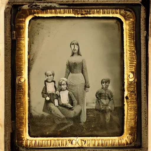 Prompt: Creepy cursed daguerreotype portrait photo of a 1800's family standing in front of house, alien abduction. Hyperrealism. Weirdcore