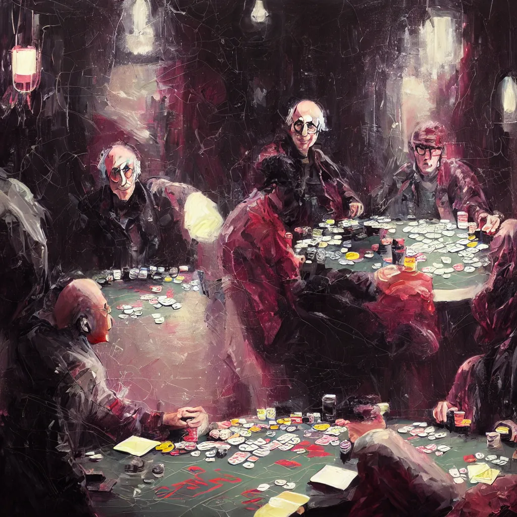 Image similar to detailed portrait larry david playing poker, cyberpunk futuristic neon, reflective puffy coat, decorated with traditional Japanese ornaments by Ismail inceoglu dragan bibin hans thoma greg rutkowski Alexandros Pyromallis Nekro Rene Maritte Illustrated, Perfect face, fine details, realistic shaded, fine-face, pretty face