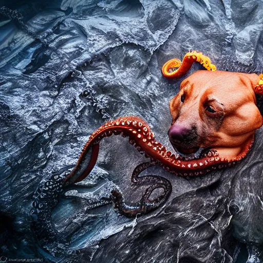 Image similar to dog in the shape of an octopus, hyper real, nature photography