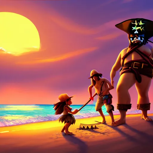 Prompt: pirates finding a buried treasure chest at the beach at sunset, stylized, artstation, hd, cgsociety, cgi, realistic, dramatic, cinematic, artistic, trending, detailed