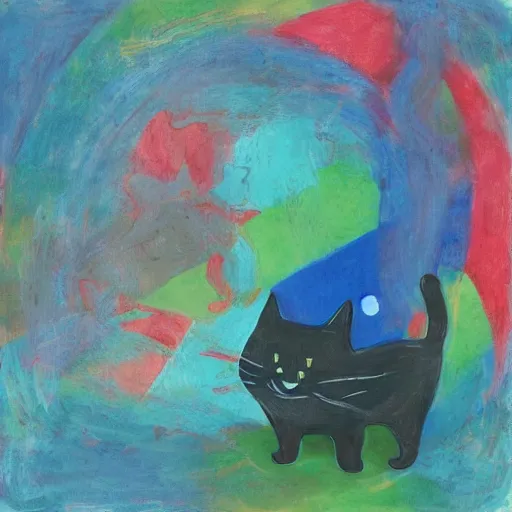 Image similar to a lucid dream about a cat finding its way home, abstract art