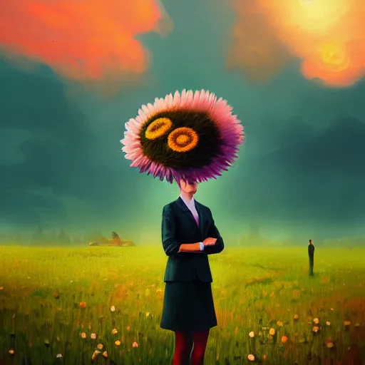 Image similar to giant daisy flowers head, frontal, girl in a suit, surreal photography, sunrise, dramatic light, impressionist painting, digital painting, artstation, simon stalenhag