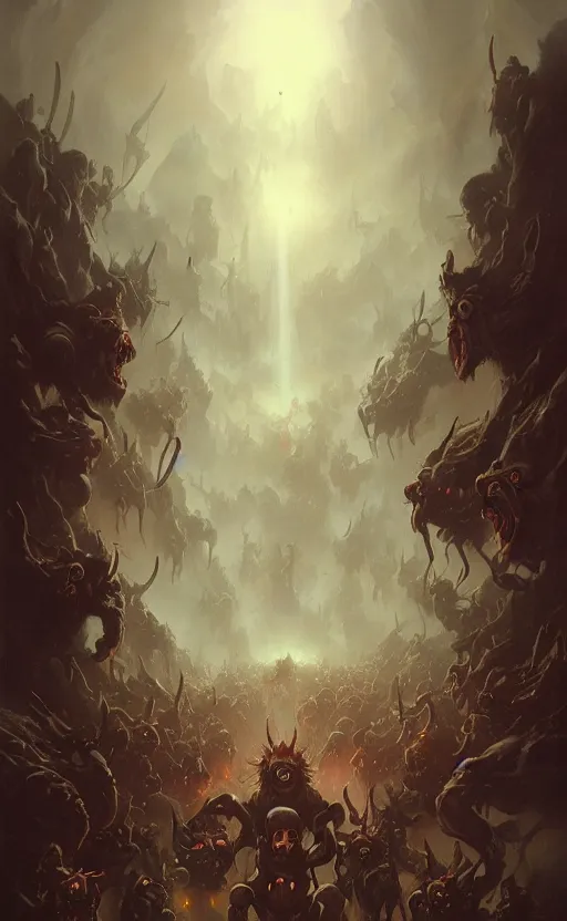 Image similar to army of chimpanses at the entrance of hell by peter mohrbacher