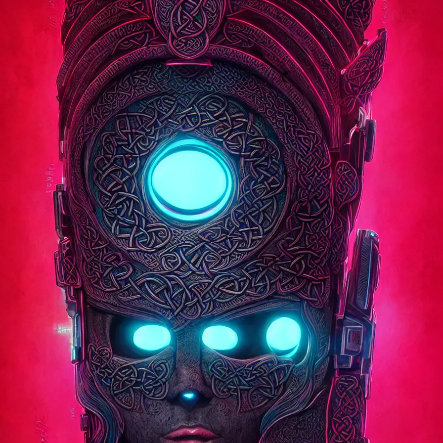 Image similar to texture with celtic neon retrowave decorative pattern, artstation, illustration, highly detailed, art by artgerm and greg rutkowski, symmetrical, dark art, old vhs tape