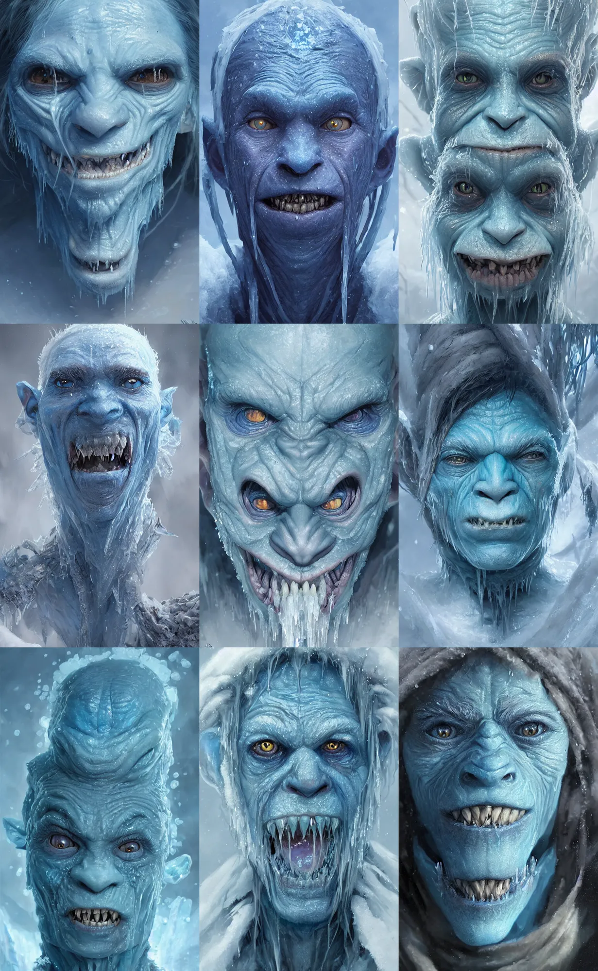 Prompt: portrait of a frozen goblin creature, blue skin, covered in ice, detailed face, fantasy, highly detailed, cinematic lighting, digital art painting by greg rutkowski