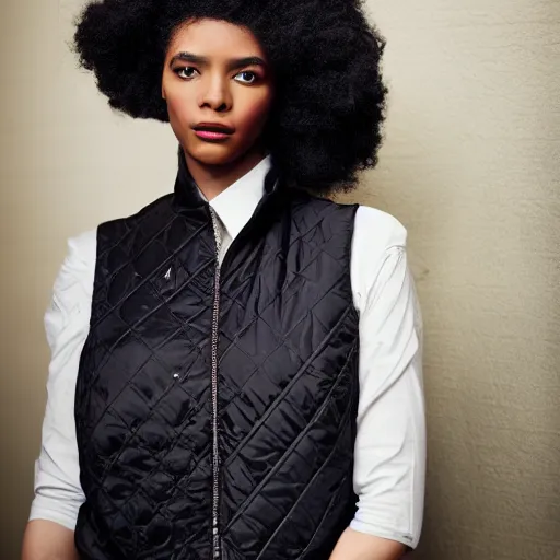 Image similar to realistic photoshooting for a new heliot emil lookbook color film photography portrait of a beautiful woman model paneled down - filled quilted polyester taffeta vest, photo in style of tyler mitchell