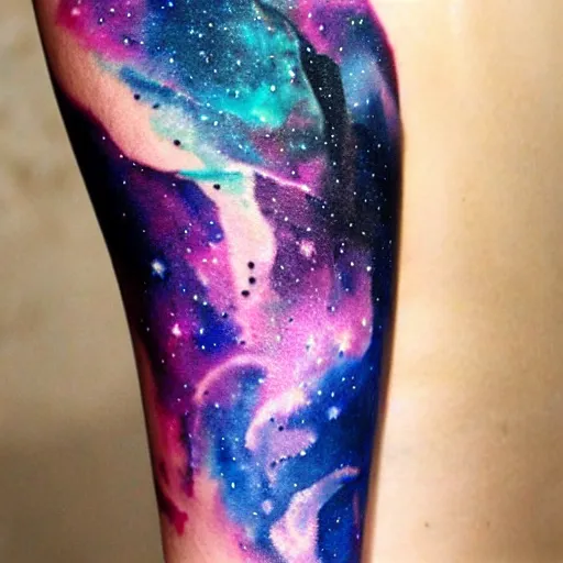 Image similar to A galaxy wolf shaped nebula watercolor tattoo, highly detailed,