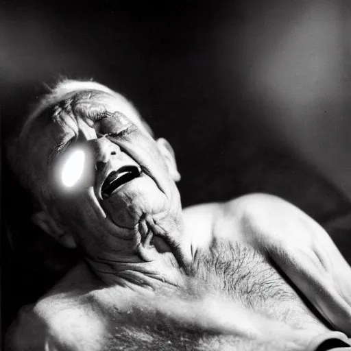 Prompt: a photo of a old man crying with glowing white eyes, photo by george hurrell