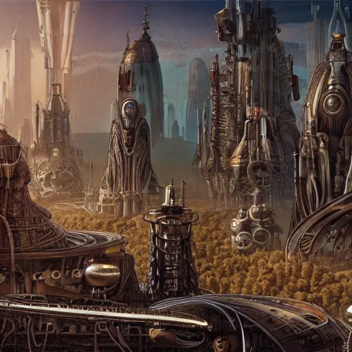 Prompt: a scifi family in an epic steampunk city, by moebius and hr giger, cinematic, 8 k