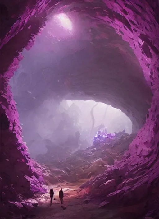 Image similar to zergling tunnel in cave of purple crystals, beautiful painting by greg rutkowski, trending on artstation