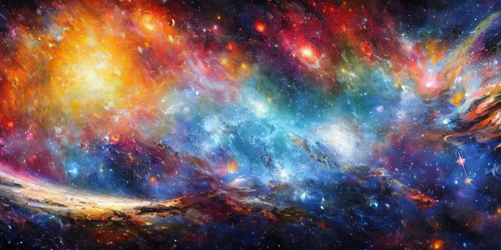 Image similar to A highly detailed, very colorful, matte oil painting of outer space, with lots of planets, stars, galaxies, and nebulas, by Greg Rutkowski and Afremov