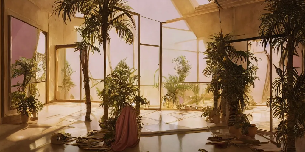 Image similar to indoor liminal space, golden light, greg rutkowski, palm trees, pink door, minimalistic, hyperrealistic surrealism, award winning masterpiece with incredible details, epic stunning, infinity pool mirrors, a surreal vaporwave liminal space with mirrors, highly detailed, trending on artstation, artgerm and greg rutkowski and alphonse mucha, daily deviation