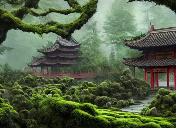 Prompt: A very detailed matte painting of mysterious ancient Chinese temple overgrown with moss, lush plants, verdan trees, breathtaking, hyper-realistic, volumetric lighting, 4k resolution, digital art, trending on Artstation