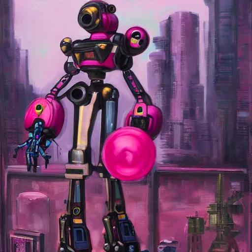 Prompt: a black girls building a giant pink mecha robot out of junk in the cyberpunk ghetto by justin bua, oil on canvas, 8k