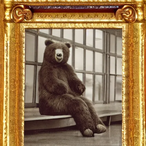 Image similar to a photo in a circular ornate golden frame, of a brown and red college mascot bear wearing blue jeans sitting on the bleachers inside the gym,