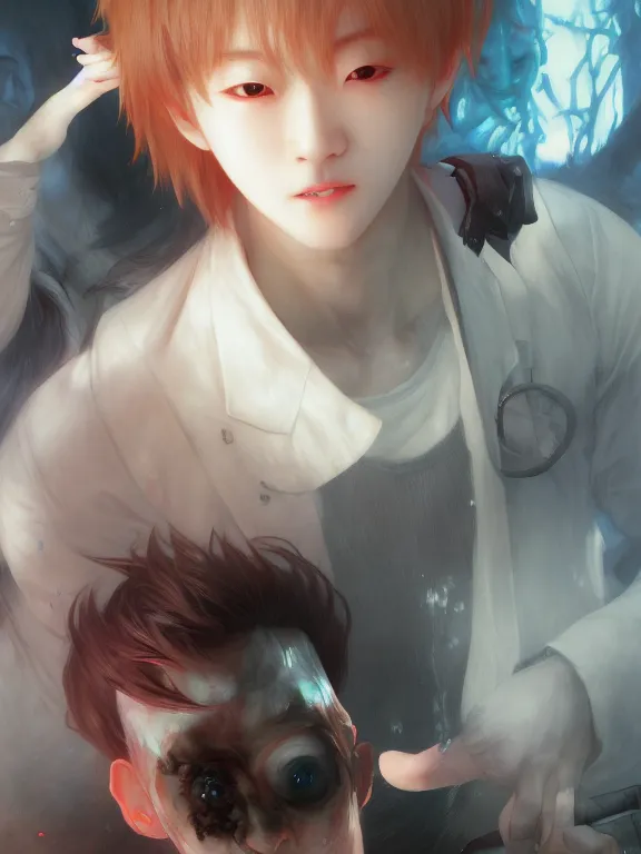 Image similar to Kpop boy idol with an eyeball head performing on stage. BTS. Eye exam. Friendly horror. Realistic. Wonho. y Ruan Jia and Artgerm and Range Murata and WLOP and Ross Tran and William-Adolphe Bouguereau. Key Art. Fantasy Illustration. award winning, Artstation, intricate details, realistic, Hyperdetailed, 8k resolution.