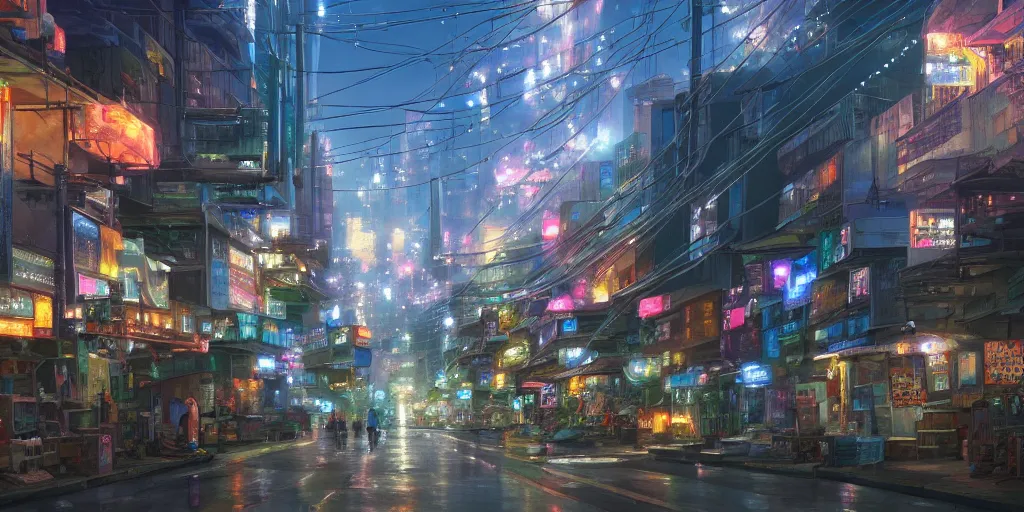 Prompt: A clean wide alleyway in Manila with glittering lights above the street, skyscrapers in the distance, Makoto Shinkai, Thomas Kinkade, 4k wallpaper, trending on artstation