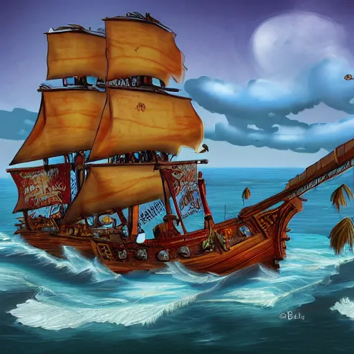 Image similar to a pirate ship near shore, by Bill Tiller, game concept art, colorful