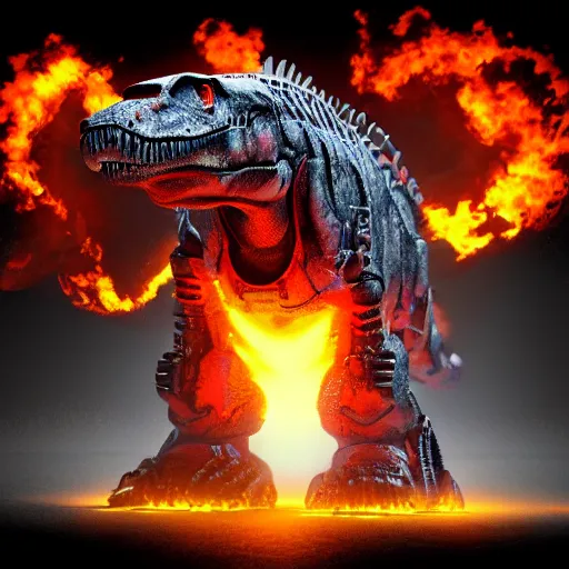Prompt: t-rex mecha bursting flames, photorealistic, 3D