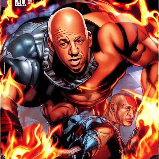 Image similar to Vin Diesel as a comic book hero fighting off evil,, 4k, comic book cover