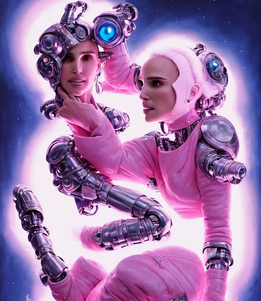 Image similar to beautiful fantasy character portrait of a natalie portman cyborg, wearing pink puffy bomber jacket with white fur, seductive reclining pose, lasers, ultra realistic, dramatic lighting, robots, the fifth element artifacts, highly detailed by peter mohrbacher, hajime sorayama, wayne barlowe, boris vallejo, aaron horkey, gaston bussiere, craig mullins