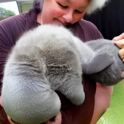 Image similar to incredibly fluffy cat sized pygmy manatee being cradled by a person, realistic, fantasy, pet, adorable, national geographic