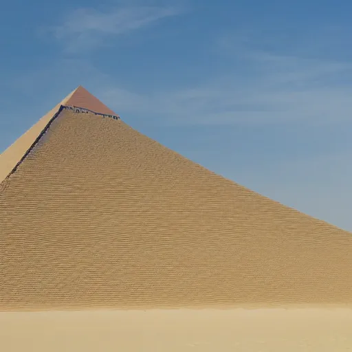 Image similar to a sand dune with a large, pyramidic temple in the middle of it.