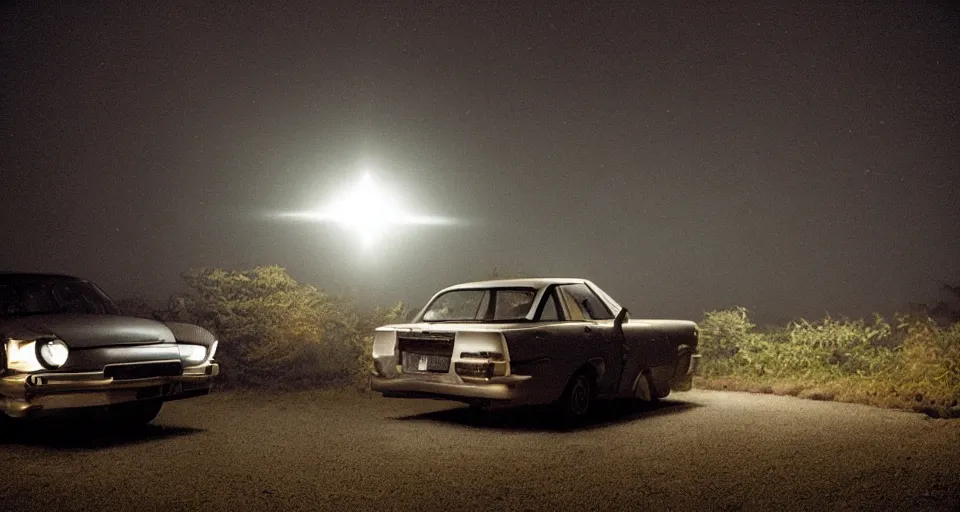 Prompt: a photograph of a UFO shining it’s light down on a car at night by Gregory Crewdson