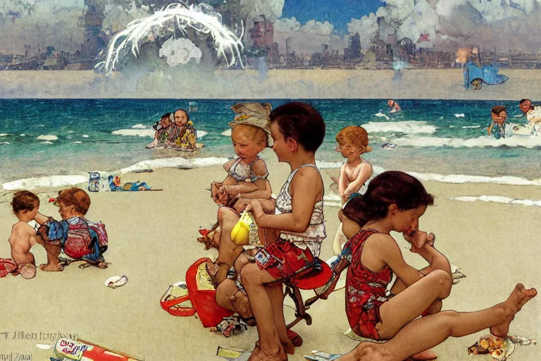Prompt: kids playing at the beach, huge atomlc explosion in the background, wide angle lens, detailed, by norman rockwell, by mattias adolfsson, by alphonse mucha, oil on canvas,