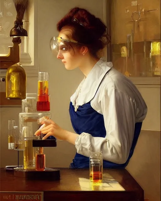 Image similar to a female professor doing experiments in her lab, oil on canvas, artstation, by j. c. leyendecker and edmund blair leighton and charlie bowater, beautiful face, octane, very aesthetic!!!!!!!!!!!!!!!