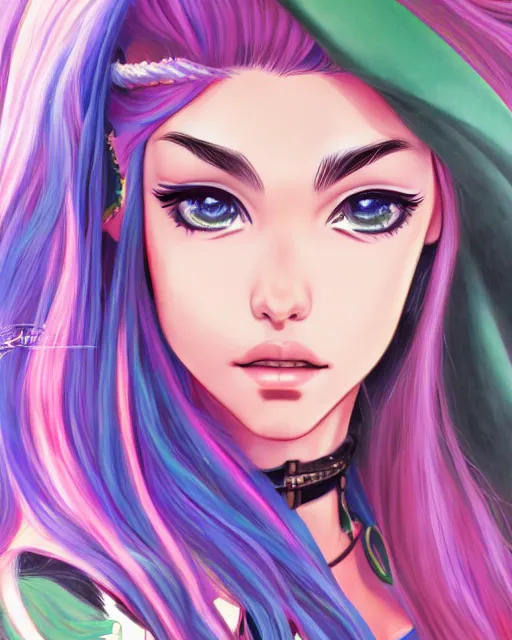 Image similar to portrait of madison beer, beautiful, elegant colorful, inspired by steel ball run manga, artstation trending, deviantart, highly detailed, focus, smooth, illustrated by hirohiko araki