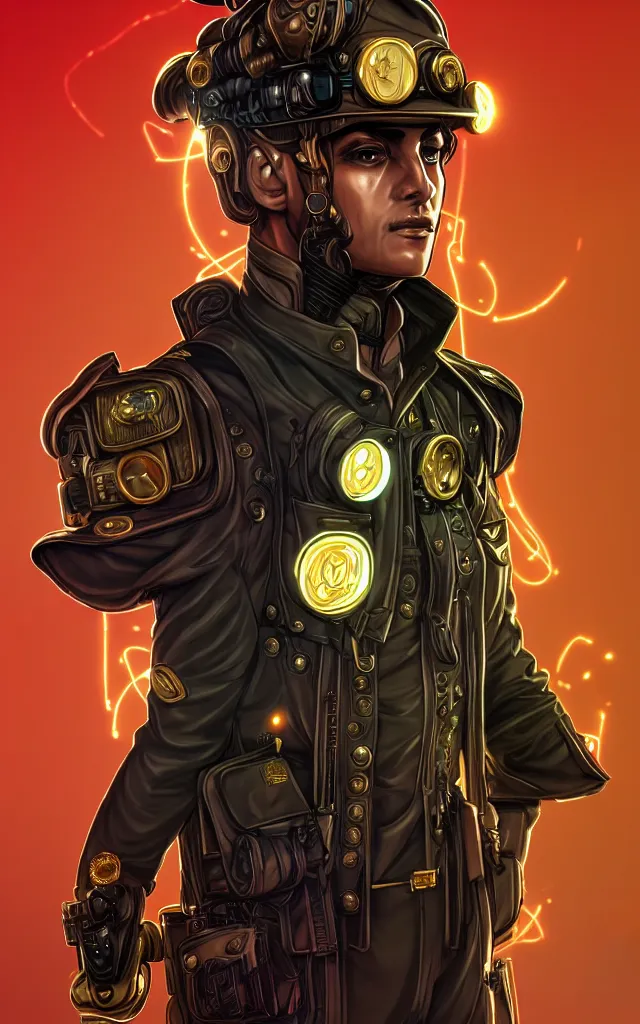 Prompt: full view portrait character concept artstation military - uniform - suit with gold electronics and neon steampunk, hyperdetailed digital art illustration
