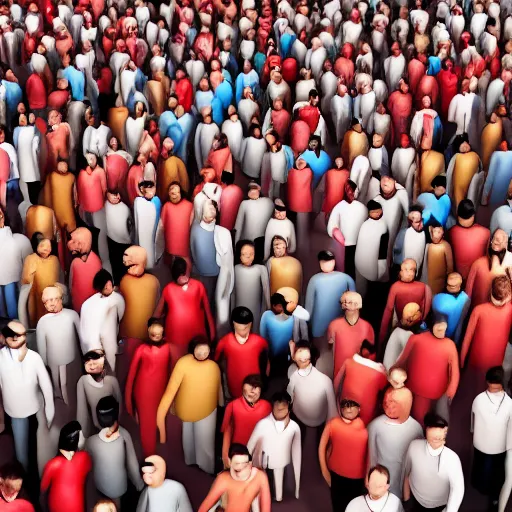 Prompt: a red cgi person inside a crowd of white people