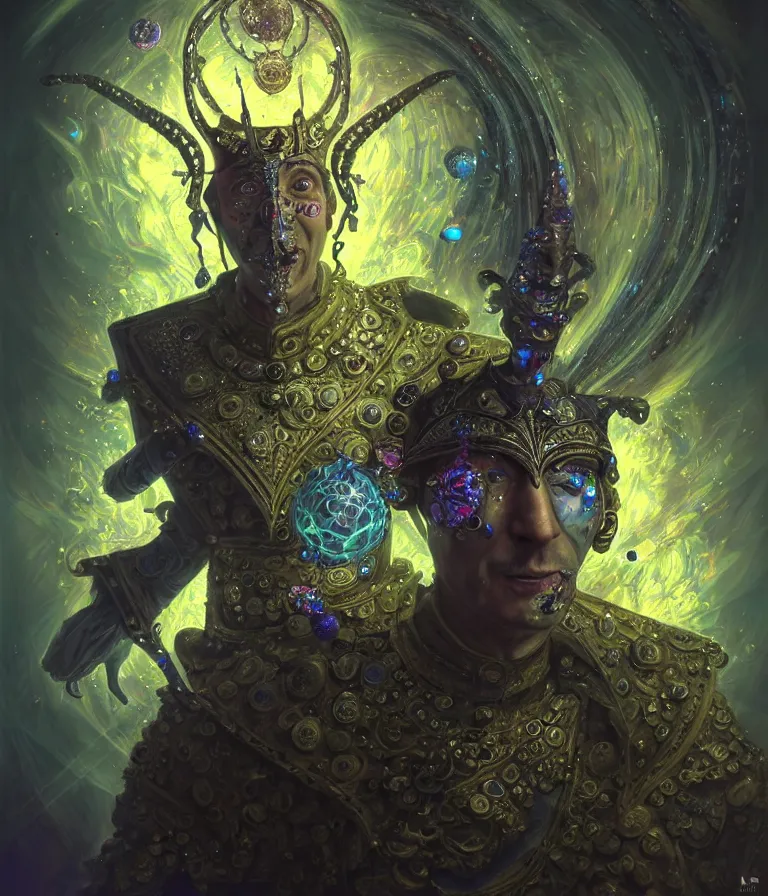 Image similar to front!!! shot of a court jester!!! character, mesmerizing fractal hypercubes, bismuth, dark holography!!!, future, metallic galactic, crystalline edges, polygonal, elegant, highly detailed, centered, (((artstation, concept art, jagged, sharp focus, artgerm, Tomasz Alen Kopera, Peter Mohrbacher, donato giancola, Joseph Christian Leyendecker, WLOP, Boris Vallejo))), ((raytracing)), mugshot!!!!!, ugly!!!!!!, octane render, nvidia raytracing demo, octane render, nvidia raytracing demo, octane render, nvidia raytracing demo, 8K