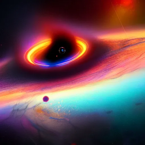 Image similar to a beautiful and colorful blackhole in the galaxy in a style of maxim zhestkov, hyper detailed, 8 k 3 d, trending on artstation, vray octane, hyper realism.