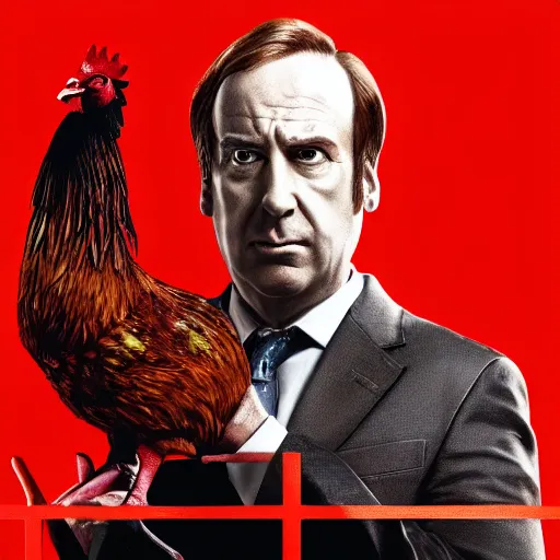 Prompt: saul goodman and a rooster in a saw movie, jigsaw, saul goodman, rooster, unreal engine 5