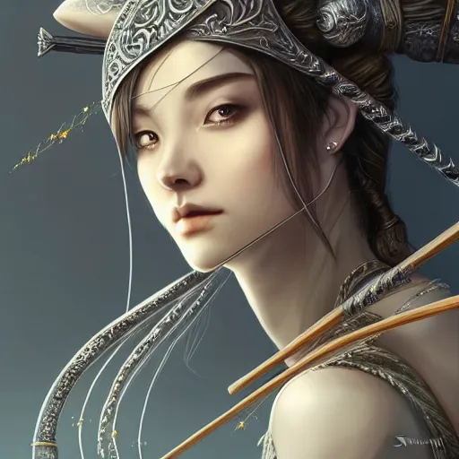 Image similar to beautiful extremely detailed intricate concept art depicting an archer by sakimichan. shining jewelry. grey atmosphere. particles in the background. bcy. net