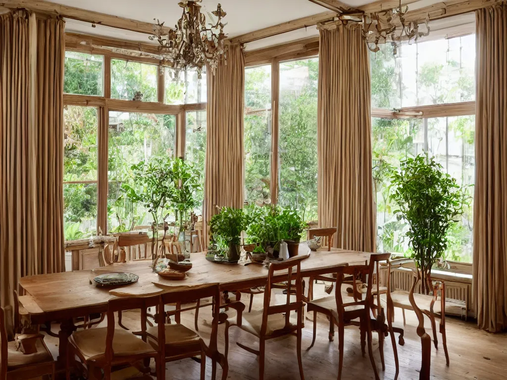 Image similar to interior shot of an old large dining room with wooden panels, large windows, lots of plants, satin curtains