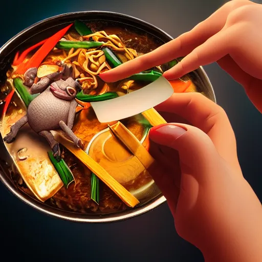 Image similar to movie still macro close photo of smiling anonymous holding pork stirfry to face, by weta disney pixar greg rutkowski wlop ilya kuvshinov rossdraws artgerm octane render iridescent, bright morning, anime, liosh, mucha