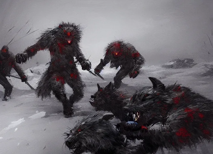 Prompt: jakub rozalski artstation, werewolves fighting in a snowstorm