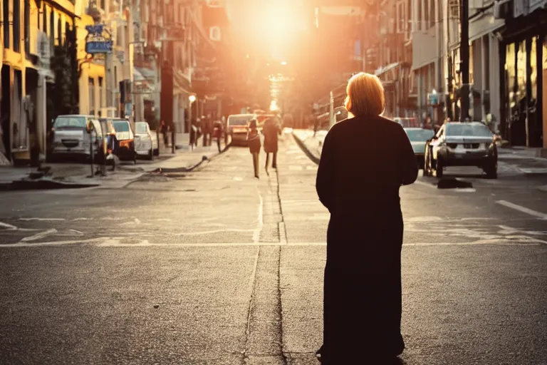 Prompt: photo of a middle-aged woman standing in the street, artistic, golden hour, bokeh