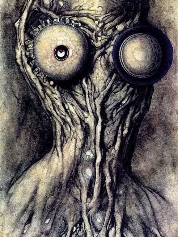 Image similar to one-eyed single-eyed blue-skinned Cyclops Polyphemus concept art with one huge eye. Extremely high detail, details, realistic, solo, masterpiece, colorful, art by Arthur Rackham, Muzinabu, Johann Tischbein, Zdzisław Beksiński