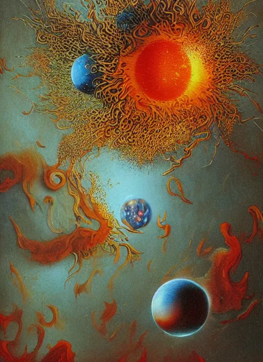 Image similar to spheres being covered by extremely detailed splatters of abstract pant, exploding, cracking planets and moons engulfed in flames in the style of, pascal blanche, surreal, beksinski, high detailed